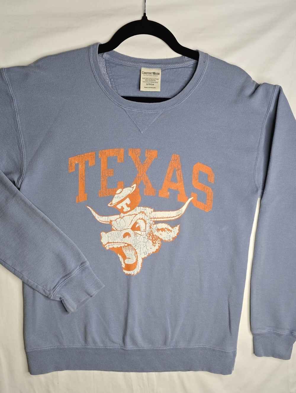 Hanes Light Blue Crewneck Sweatshirt with Orange Angry Bevo TEXAS Longhorns
